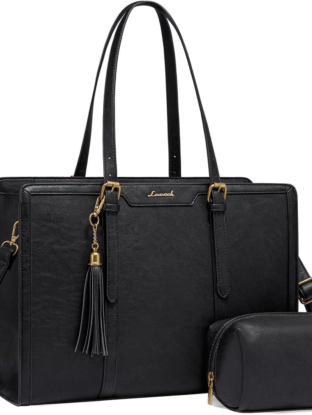 LOVEVOOK Women's Laptop Tote Bag Faux Leather Work Computer Briefcase Bag Black